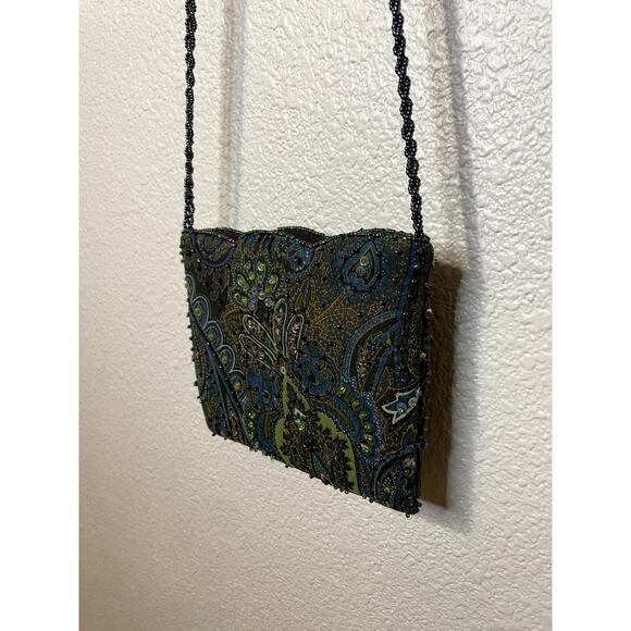 VTG Georgiou Studio Silk Beaded Mini Green & Blue Purse W/ Long Beaded Strap - Picture 4 of 12